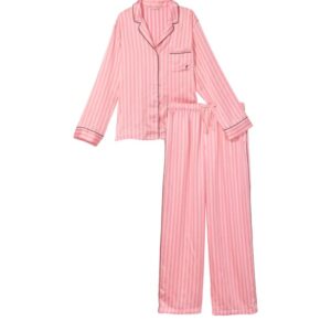Victoria's Secret Silky Satin Two Piece Long Pajama Set, Satin Fabric, Unlined, Women's Pajamas, Pink (M)
