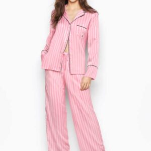 Victoria's Secret Silky Satin Two Piece Long Pajama Set, Satin Fabric, Unlined, Women's Pajamas, Pink (M)