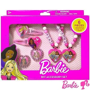 luv her barbie accrssories girls bff 6 piece toy jewelry box set with 2 rings, 2 bead bracelets and snap hair clips ages 3+