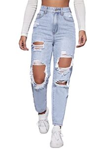 makemechic women's ripped mom jeans high waisted distressed denim pants light wash m