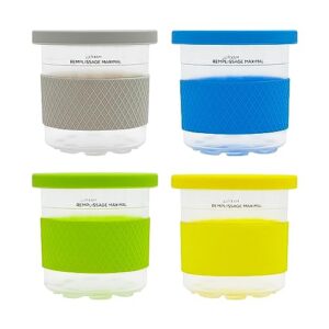 cxq 4 pack replacement ice cream pints with silicone lids and sleeves，compatible with ninja creami ice cream maker, model: nc301, nc300, nc299amz series. (grey/blue/green/yellow)