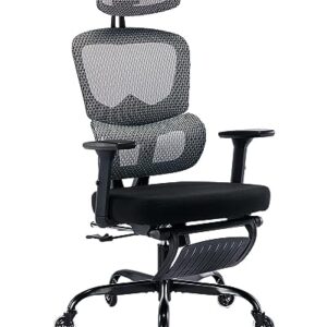 Ergonomic Office Chair with Foot Rest, Rubber Wheels Desk Chair with Lumbar Support, Adjustable Headrest & 3D Armrest, Mesh Computer Chair for Adults, Reclining Home Office Chair BlackGray