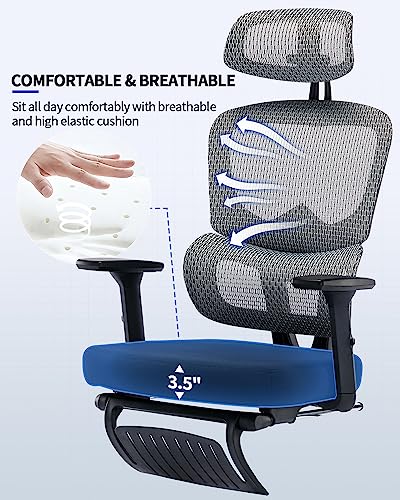 Ergonomic Office Chair with Foot Rest, Rubber Wheels Desk Chair with Lumbar Support, Adjustable Headrest & 3D Armrest, Mesh Computer Chair for Adults, Reclining Home Office Chair BlackGray