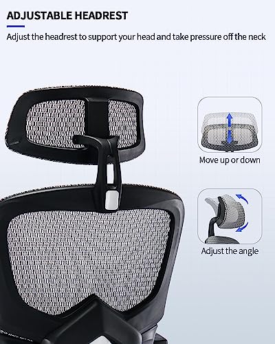 Ergonomic Office Chair with Foot Rest, Rubber Wheels Desk Chair with Lumbar Support, Adjustable Headrest & 3D Armrest, Mesh Computer Chair for Adults, Reclining Home Office Chair BlackGray