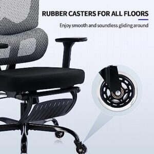 Ergonomic Office Chair with Foot Rest, Rubber Wheels Desk Chair with Lumbar Support, Adjustable Headrest & 3D Armrest, Mesh Computer Chair for Adults, Reclining Home Office Chair BlackGray