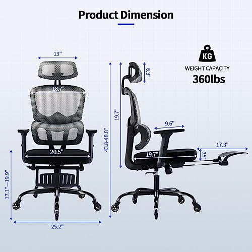 Ergonomic Office Chair with Foot Rest, Rubber Wheels Desk Chair with Lumbar Support, Adjustable Headrest & 3D Armrest, Mesh Computer Chair for Adults, Reclining Home Office Chair BlackGray