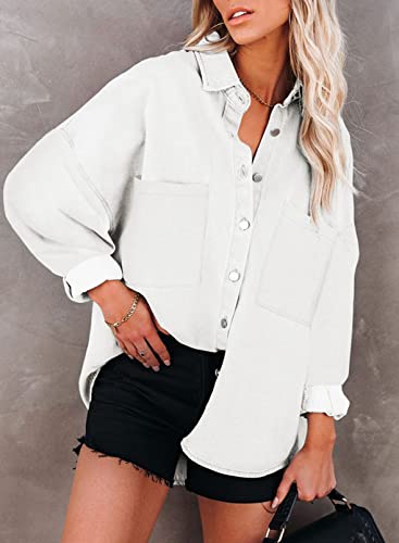 Dokotoo Shacket Jacket Women V Neck Roll Up Long Sleeve Pocket Denim Jean Jacket Shirts Shacket Casual Solid Boyfriend Button Down Blouses with Bust Pockets White L