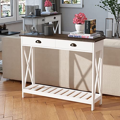 ChooChoo Farmhouse Coffee Table Bundle Rustic Console Table, White Narrow Long Entry Table