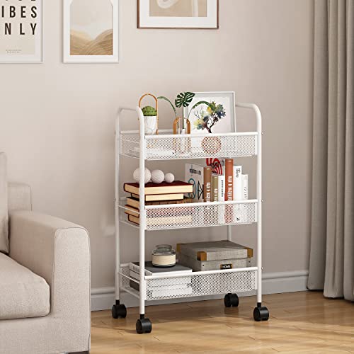 Simple Trending 3 Tier Metal Rolling Storage Cart, Utility Organizer Cart Storage Shelves with 4 Wheels for Kitchen Bathroom, White