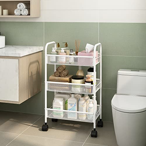 Simple Trending 3 Tier Metal Rolling Storage Cart, Utility Organizer Cart Storage Shelves with 4 Wheels for Kitchen Bathroom, White