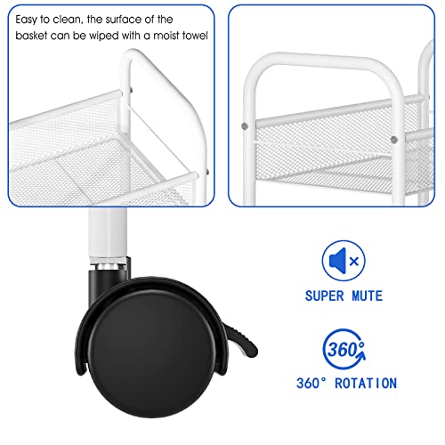 Simple Trending 3 Tier Metal Rolling Storage Cart, Utility Organizer Cart Storage Shelves with 4 Wheels for Kitchen Bathroom, White