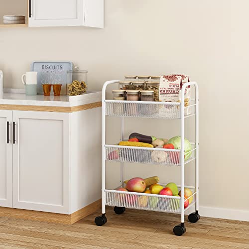 Simple Trending 3 Tier Metal Rolling Storage Cart, Utility Organizer Cart Storage Shelves with 4 Wheels for Kitchen Bathroom, White