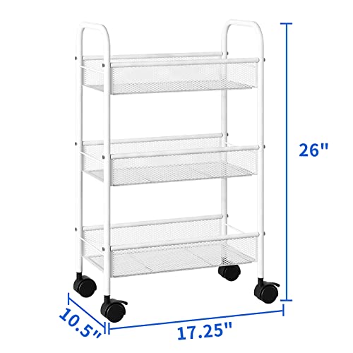 Simple Trending 3 Tier Metal Rolling Storage Cart, Utility Organizer Cart Storage Shelves with 4 Wheels for Kitchen Bathroom, White