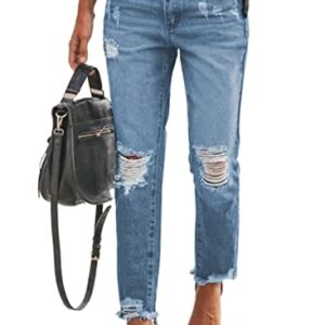 EVALESS Women Ripped High Rise Boyfriend Jeans Pull-On Distressed Stretchy Denim Pants Blue Size 8