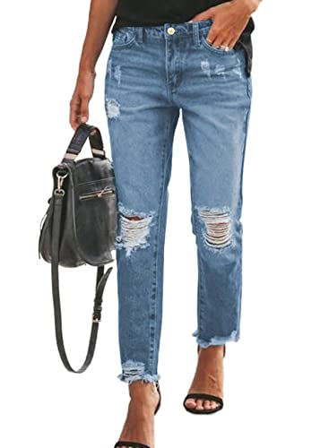 EVALESS Women Ripped High Rise Boyfriend Jeans Pull-On Distressed Stretchy Denim Pants Blue Size 8