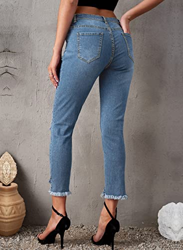 EVALESS Women Ripped High Rise Boyfriend Jeans Pull-On Distressed Stretchy Denim Pants Blue Size 8