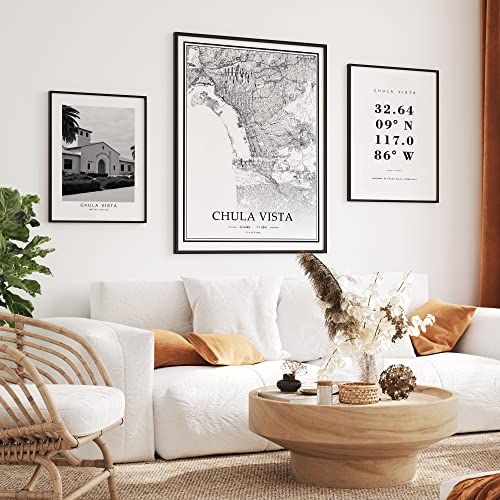 Dear Mapper Chula Vista United States View Abstract Road Modern Map Art Minimalist Painting Black and White Canvas Line Art Print Poster Art Line Paintings Home Decor (Set of 3 Unframed) (16x24inch)