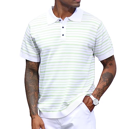 CTU Mens Fashion Polo Shirts Short Sleeve Lightweight Knitting Striped Golf Shirts Light Green 2XL