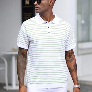 CTU Mens Fashion Polo Shirts Short Sleeve Lightweight Knitting Striped Golf Shirts Light Green 2XL