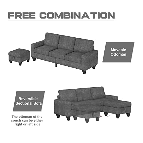 Grey Convertible Sectional Sofa Couch,3Seat L Shaped Sofa Couch with Storage Reversible Ottoman and Pockets, Modern Grey Snowflake Velvet Upholstered Sofa Furniture Sets for Living Room Small Space