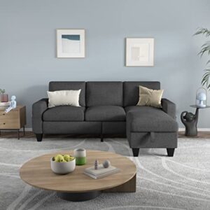 Grey Convertible Sectional Sofa Couch,3Seat L Shaped Sofa Couch with Storage Reversible Ottoman and Pockets, Modern Grey Snowflake Velvet Upholstered Sofa Furniture Sets for Living Room Small Space