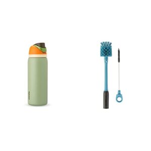 owala freesip insulated stainless steel water bottle with straw for sports and travel, bpa-free, 32-oz, orange/green (camo cool) & 2-in-1 water bottle and straw cleaning brush, smokey blue