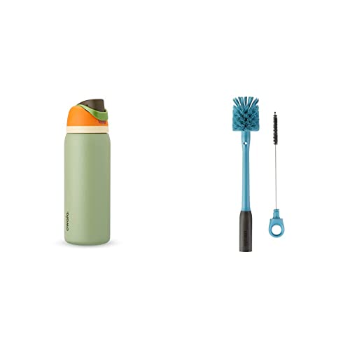 Owala FreeSip Insulated Stainless Steel Water Bottle with Straw for Sports and Travel, BPA-Free, 32-oz, Orange/Green (Camo Cool) & 2-in-1 Water Bottle and Straw Cleaning Brush, Smokey Blue