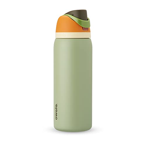 Owala FreeSip Insulated Stainless Steel Water Bottle with Straw for Sports and Travel, BPA-Free, 32-oz, Orange/Green (Camo Cool) & 2-in-1 Water Bottle and Straw Cleaning Brush, Smokey Blue