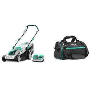 litheli cordless lawn mower 17 inch, 2 x 20v 4.0ah battery lawn mowers & tough tool bag 16-inch, close top, wide mouth, ample storage, w/adjustable shoulder strap & 14 pockets, black