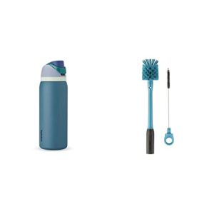owala freesip insulated stainless steel water bottle with straw for sports and travel, bpa-free, 40-oz, blue/teal (denim) & 2-in-1 water bottle and straw cleaning brush, smokey blue