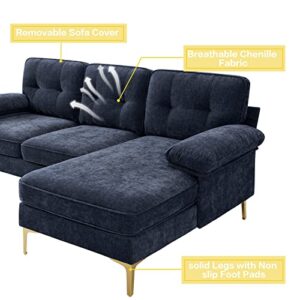 TEKAMON Navy Blue 82.7" Convertible Sectional Sofa Couch, 3 Seats L Shaped Retro Chenille Fabric Couch, Upholstered Comfy Reversible Sectional Sofa with Removable Washable Sofa Covers for Small Space