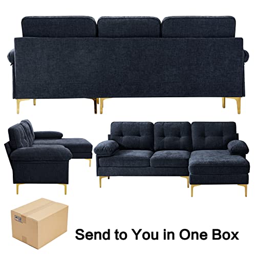 TEKAMON Navy Blue 82.7" Convertible Sectional Sofa Couch, 3 Seats L Shaped Retro Chenille Fabric Couch, Upholstered Comfy Reversible Sectional Sofa with Removable Washable Sofa Covers for Small Space