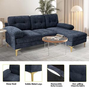 TEKAMON Navy Blue 82.7" Convertible Sectional Sofa Couch, 3 Seats L Shaped Retro Chenille Fabric Couch, Upholstered Comfy Reversible Sectional Sofa with Removable Washable Sofa Covers for Small Space