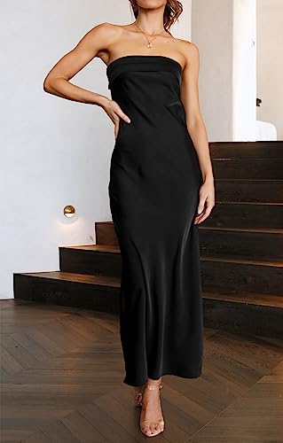 MEROKEETY Women 2023 Summer Strapless Satin Tube Bodycon Backless Wedding Guest Maxi Dress Black Large