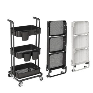 merapi 3 tier metal foldable rolling cart(black/white random delivery), utility cart with wheels, hanging cups and hooks, folding storage cart for living room, kitchen, bathroom, bedroom