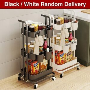 Merapi 3 Tier Metal Foldable Rolling Cart(Black/White Random Delivery), Utility Cart with Wheels, Hanging Cups and Hooks, Folding Storage Cart for Living Room, Kitchen, Bathroom, Bedroom