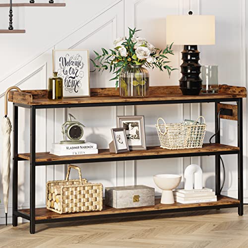 IRONCK Entryway Table, 55" Console Table with Power Outlet, TV Stand for Living Room, Height Adjustable, Easy Assembly, Rustic Brown