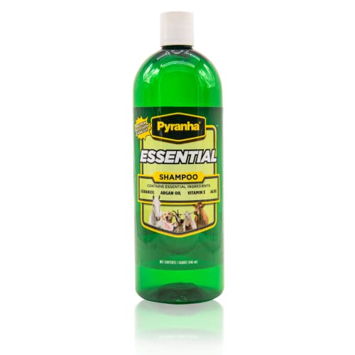 Pyranha Essential Shampoo - With Geraniol, Argain Oil, Vitamin E, Coconut Oil, and Aloe Vera - Die & Paraben Free, Long Lasting Smell, Biodegradable - Shampoo for Horse, Dogs, Cats, and more - 32 OZ