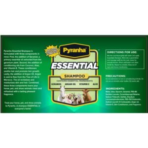 Pyranha Essential Shampoo - With Geraniol, Argain Oil, Vitamin E, Coconut Oil, and Aloe Vera - Die & Paraben Free, Long Lasting Smell, Biodegradable - Shampoo for Horse, Dogs, Cats, and more - 32 OZ