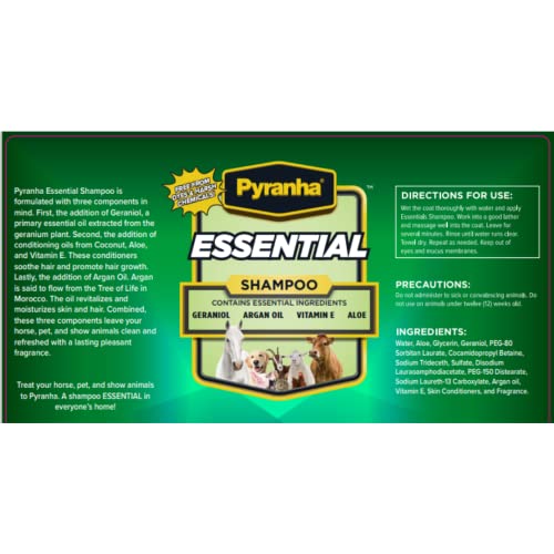 Pyranha Essential Shampoo - With Geraniol, Argain Oil, Vitamin E, Coconut Oil, and Aloe Vera - Die & Paraben Free, Long Lasting Smell, Biodegradable - Shampoo for Horse, Dogs, Cats, and more - 32 OZ