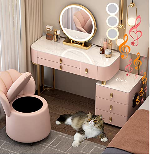 YIMAKEY Vanity Desk Mirror Lights Bluetooth: Smart Makeup Table Also with Chair, Wireless Charging, Bluetooth Speakers, and 5 Drawers - Ultimate Makeup Station for Bedroom Set (Pink+White 47 inch)