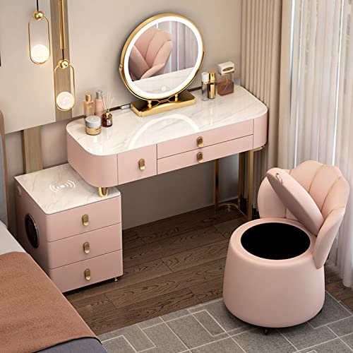 YIMAKEY Vanity Desk Mirror Lights Bluetooth: Smart Makeup Table Also with Chair, Wireless Charging, Bluetooth Speakers, and 5 Drawers - Ultimate Makeup Station for Bedroom Set (Pink+White 47 inch)