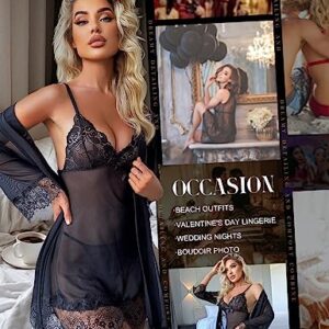 RSLOVE Women Sexy Lingerie Set 3 Piece Babydoll & Lace Kimono Robe Strap Chemise Sleepwear Mesh Nightgown Black M