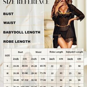 RSLOVE Women Sexy Lingerie Set 3 Piece Babydoll & Lace Kimono Robe Strap Chemise Sleepwear Mesh Nightgown Black M