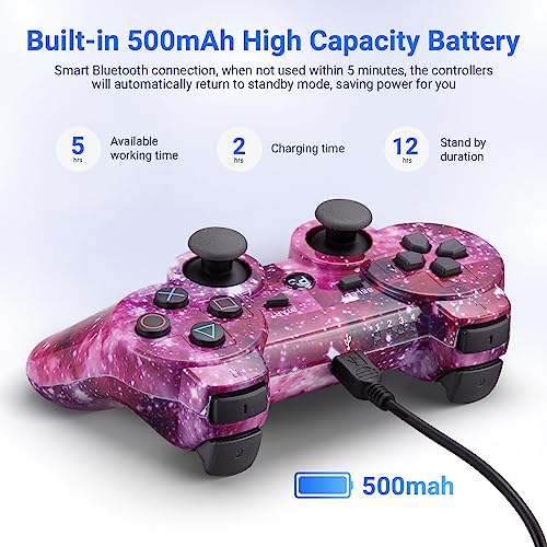 Powerextra Pro PS-3 Wireless Controller for Play-Station 3 with High Performance Upgraded Joystick Rechargeable Battery Double Shock for PS-3（Lightning + Galaxy）