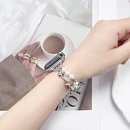 Maymosa Beaded Bracelet Compatible for Apple Watch Band Series Ultra Se 8 7 6 5 4 3 2 1 Pearl Stainless Steel Metal Handmade Beaded Strap 38mm 40mm 41mm, Adjustable Replacement Strap for Women