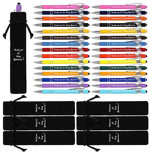 Seajan 30 Set Employee Appreciation Gift 30 Ballpoint Pen with Stylus Tip Metal Inspirational Pens Stylus Ballpoint Pens 30 Motivational Pencil Pouch Black Pencil Case for Coworker Colleague Events