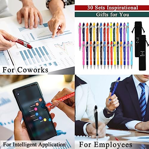 Seajan 30 Set Employee Appreciation Gift 30 Ballpoint Pen with Stylus Tip Metal Inspirational Pens Stylus Ballpoint Pens 30 Motivational Pencil Pouch Black Pencil Case for Coworker Colleague Events