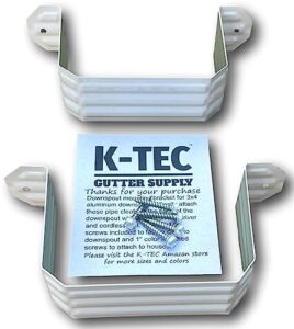 k-tec downspout strap for 3 inch x 4 inch aluminum rain gutter - leader pipe adapter with color matched screws. high gloss white set of 2 for 1 downspout.