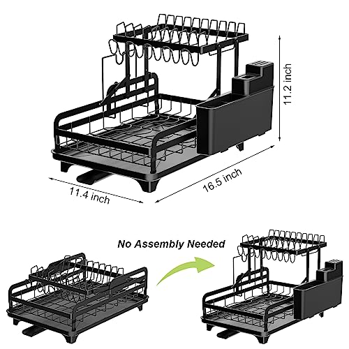 Mr Rabbi Dish Drying Rack, 2-Tier Dish Rack for Kitchen Counter, Dish Drainer Organizer with Utensil Holder, Metal Dish Drying Rack with Drain Board,Black